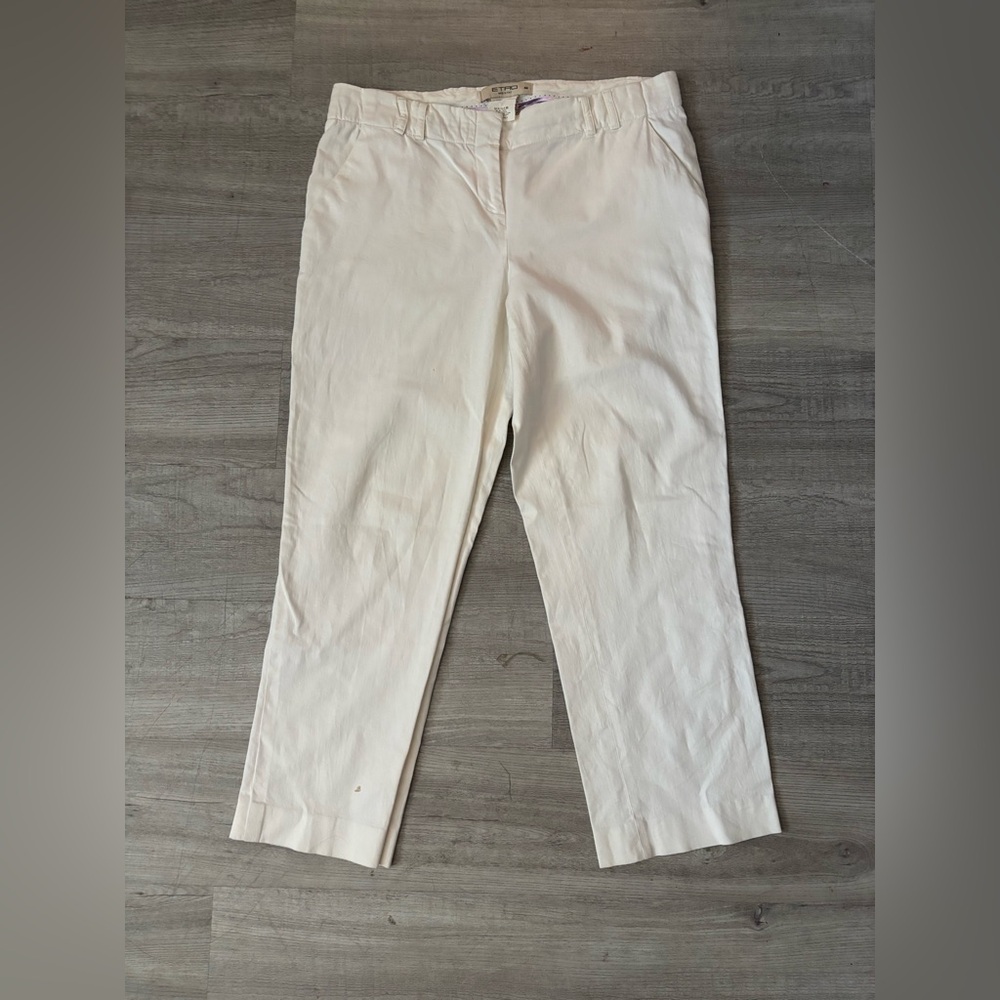 ETRO Pants Womens 46 Ivory Cotton Tapered Leg  Capri Trousers Italy Quiet Luxury